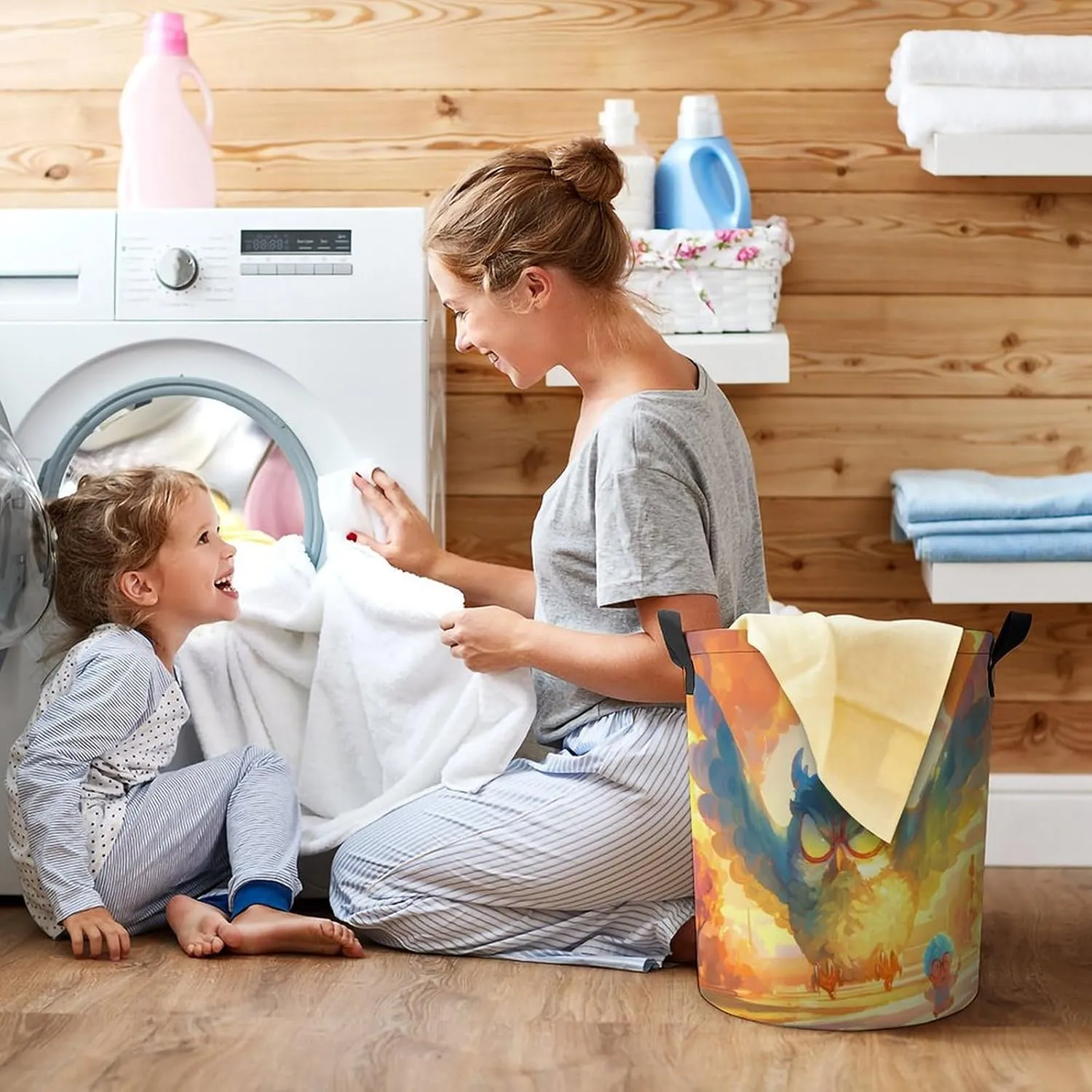 Laundry Hampers, Large Drawstring Laundry Bag, Removable Laundry Bags, Collapsible Storage Bin with Handles for Home Organization, Kids Room, Nursery Bird
