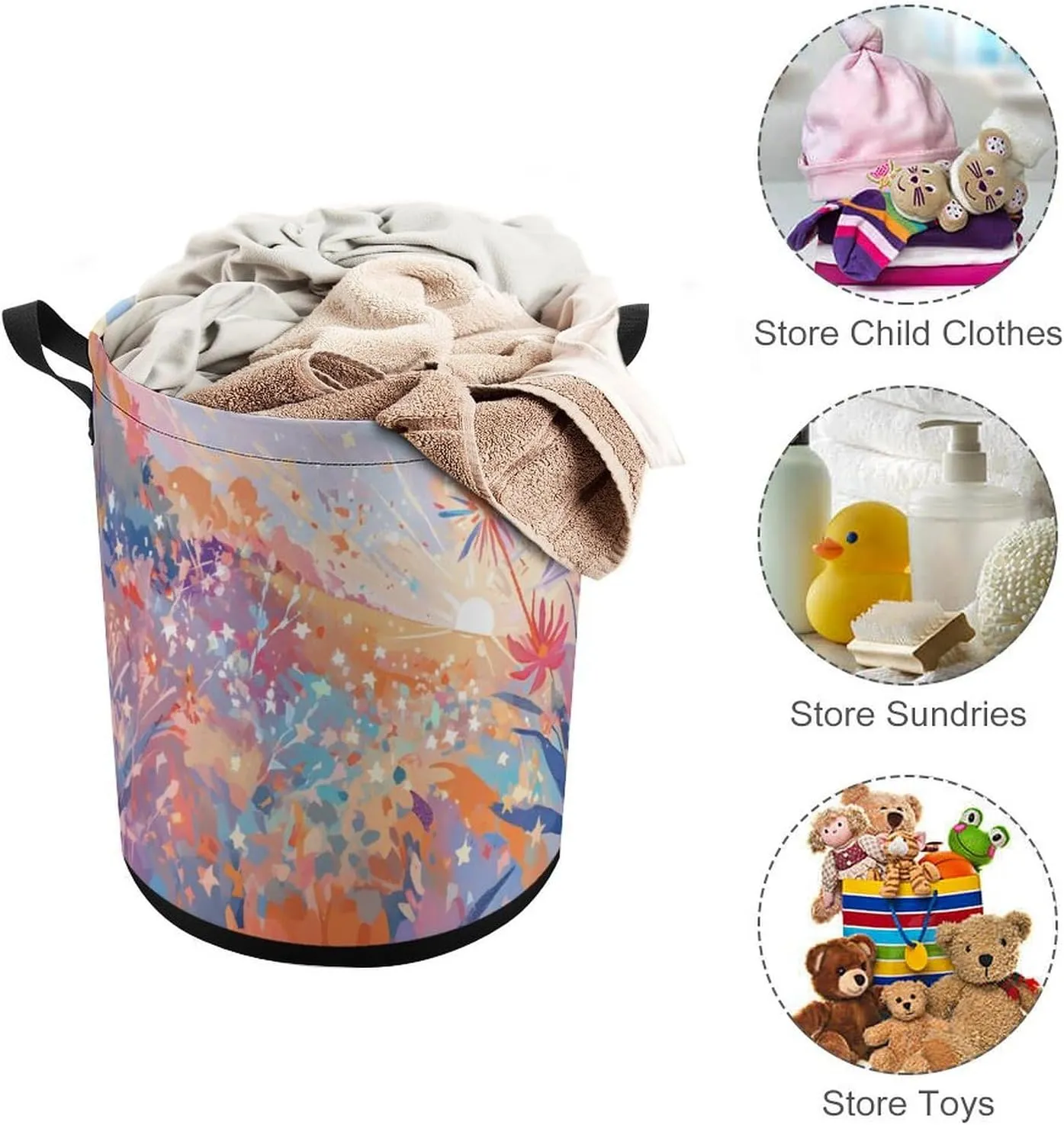 Laundry Hampers, Large Drawstring Laundry Bag, Removable Laundry Bags, Collapsible Storage Bin with Handles for Home Organization, Kids Room, Nursery Flower