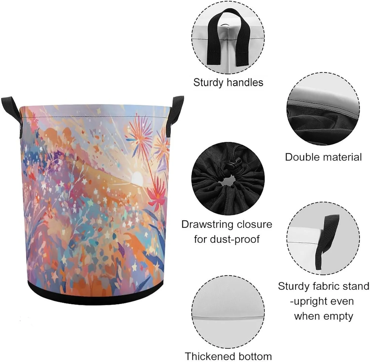 Laundry Hampers, Large Drawstring Laundry Bag, Removable Laundry Bags, Collapsible Storage Bin with Handles for Home Organization, Kids Room, Nursery Flower