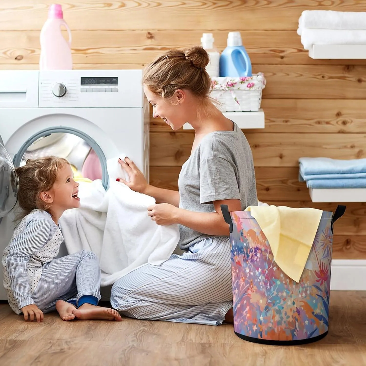 Laundry Hampers, Large Drawstring Laundry Bag, Removable Laundry Bags, Collapsible Storage Bin with Handles for Home Organization, Kids Room, Nursery Flower