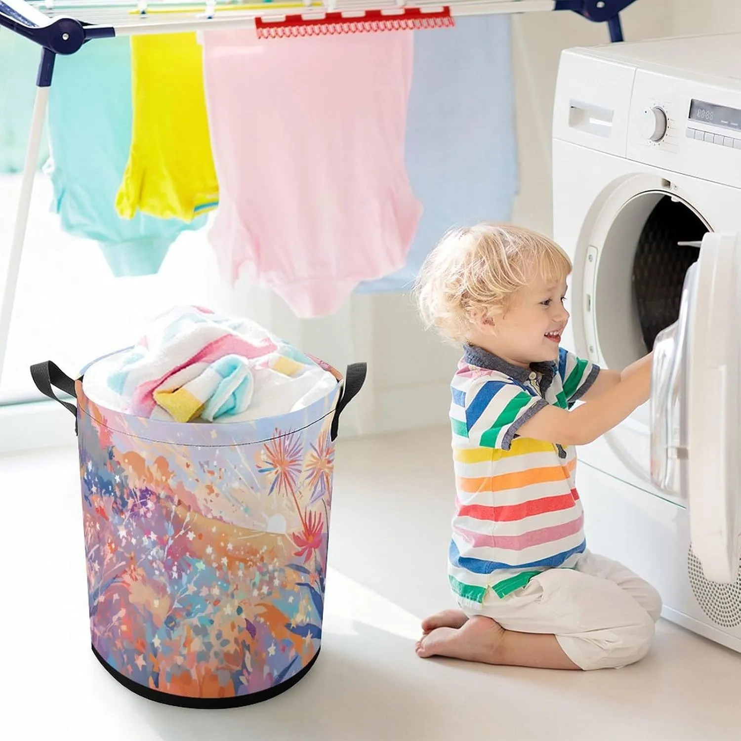 Laundry Hampers, Large Drawstring Laundry Bag, Removable Laundry Bags, Collapsible Storage Bin with Handles for Home Organization, Kids Room, Nursery Flower