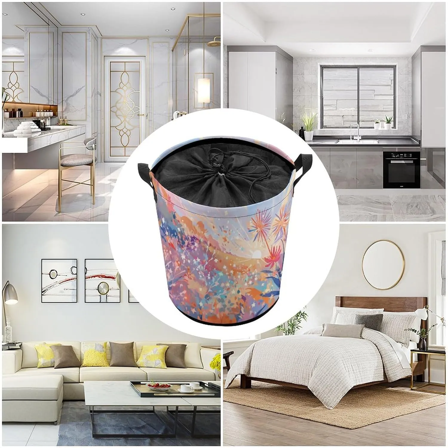 Laundry Hampers, Large Drawstring Laundry Bag, Removable Laundry Bags, Collapsible Storage Bin with Handles for Home Organization, Kids Room, Nursery Flower
