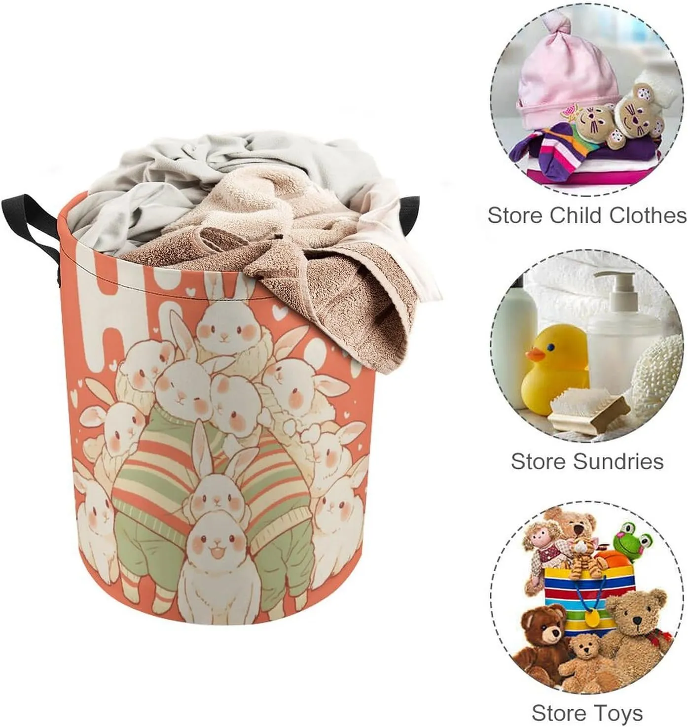 Laundry Hampers, Large Drawstring Laundry Bag, Removable Laundry Bags, Collapsible Storage Bin with Handles for Home Organization, Kids Room, Nursery Happy
