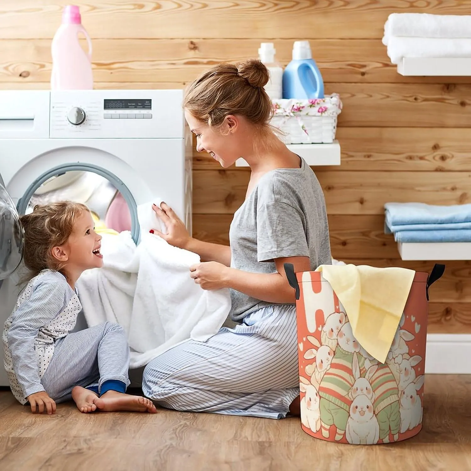 Laundry Hampers, Large Drawstring Laundry Bag, Removable Laundry Bags, Collapsible Storage Bin with Handles for Home Organization, Kids Room, Nursery Happy