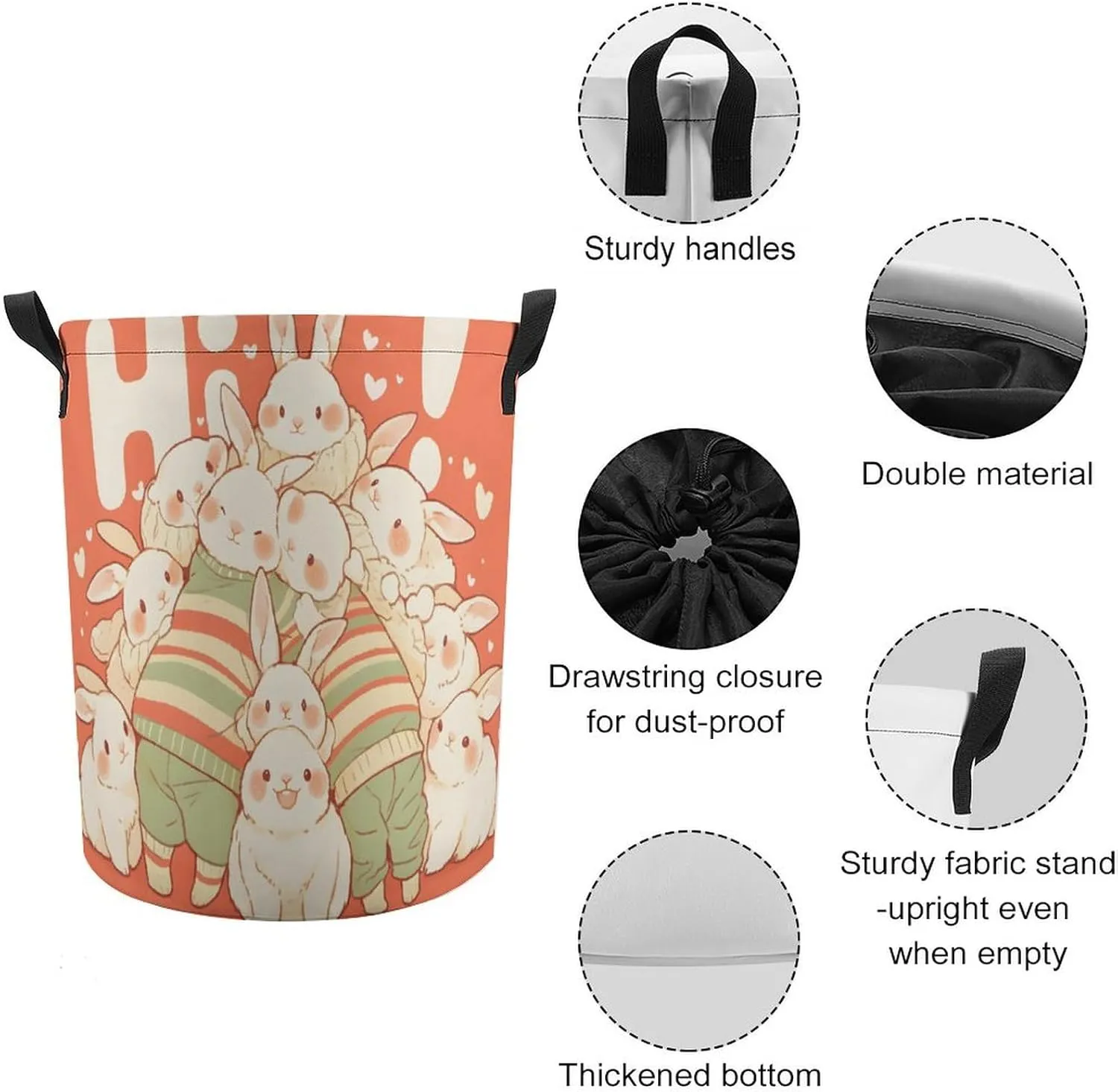 Laundry Hampers, Large Drawstring Laundry Bag, Removable Laundry Bags, Collapsible Storage Bin with Handles for Home Organization, Kids Room, Nursery Happy