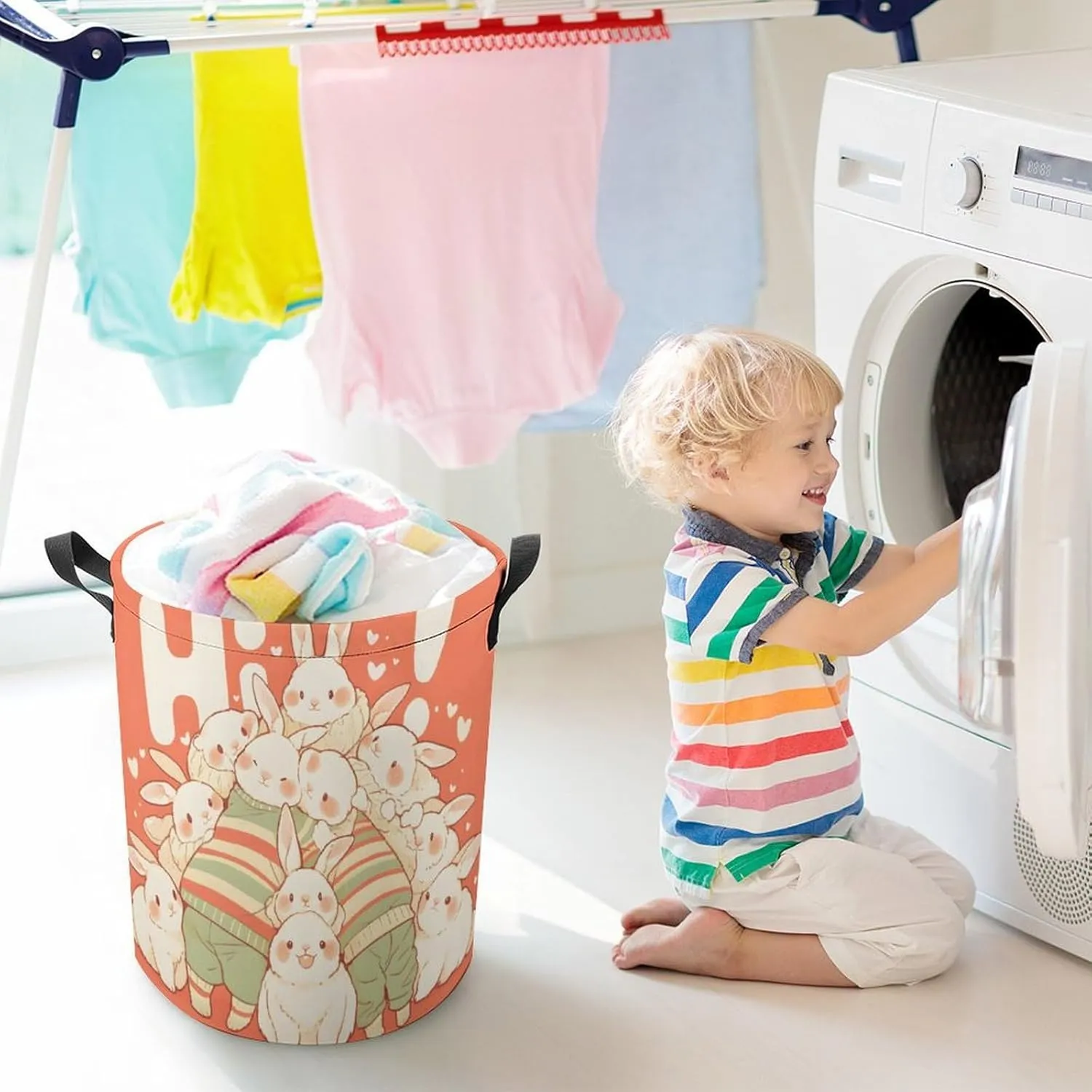 Laundry Hampers, Large Drawstring Laundry Bag, Removable Laundry Bags, Collapsible Storage Bin with Handles for Home Organization, Kids Room, Nursery Happy