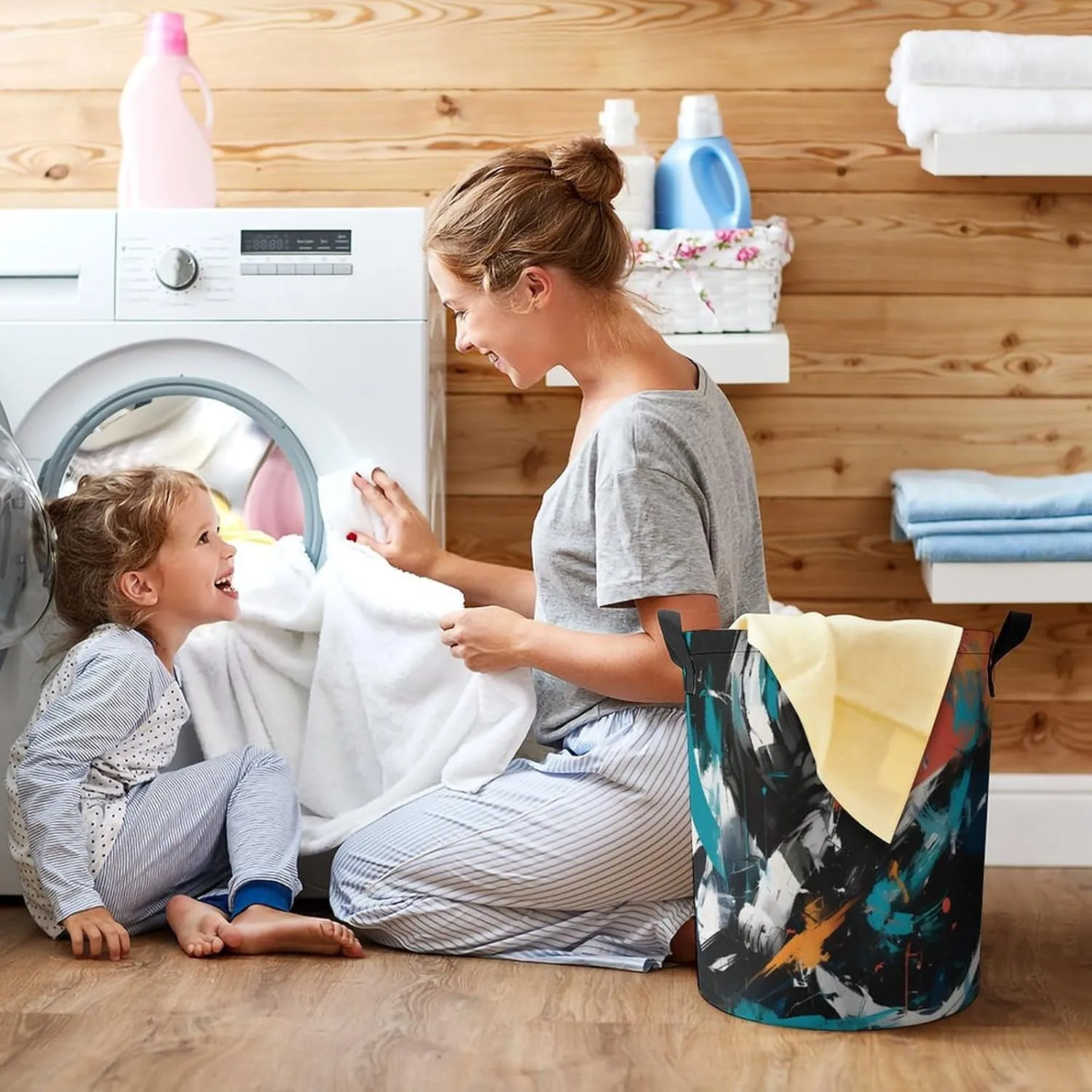 Laundry Hampers, Large Drawstring Laundry Bag, Removable Laundry Bags, Collapsible Storage Bin with Handles for Home Organization, Kids Room, Nursery Painting