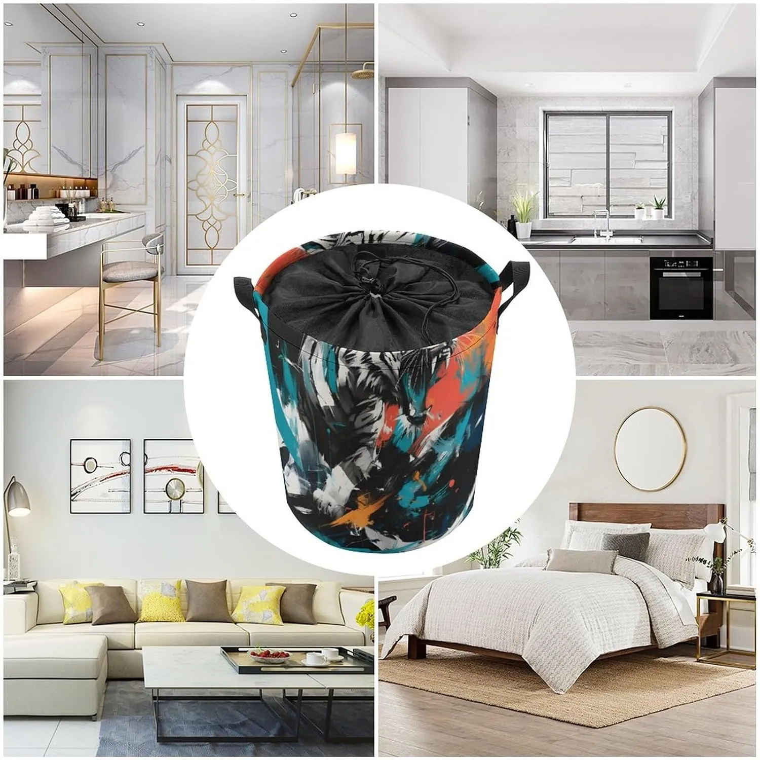 Laundry Hampers, Large Drawstring Laundry Bag, Removable Laundry Bags, Collapsible Storage Bin with Handles for Home Organization, Kids Room, Nursery Painting