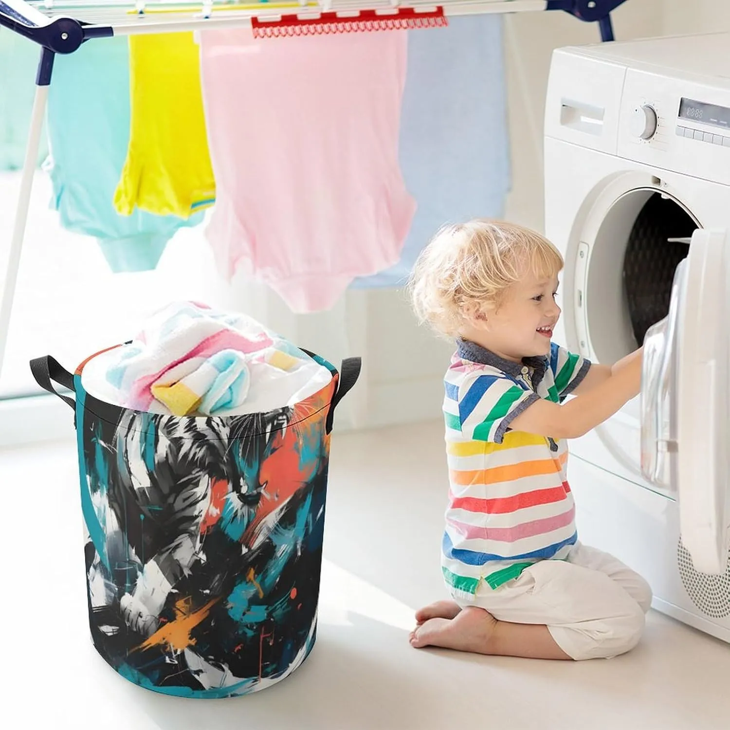 Laundry Hampers, Large Drawstring Laundry Bag, Removable Laundry Bags, Collapsible Storage Bin with Handles for Home Organization, Kids Room, Nursery Painting