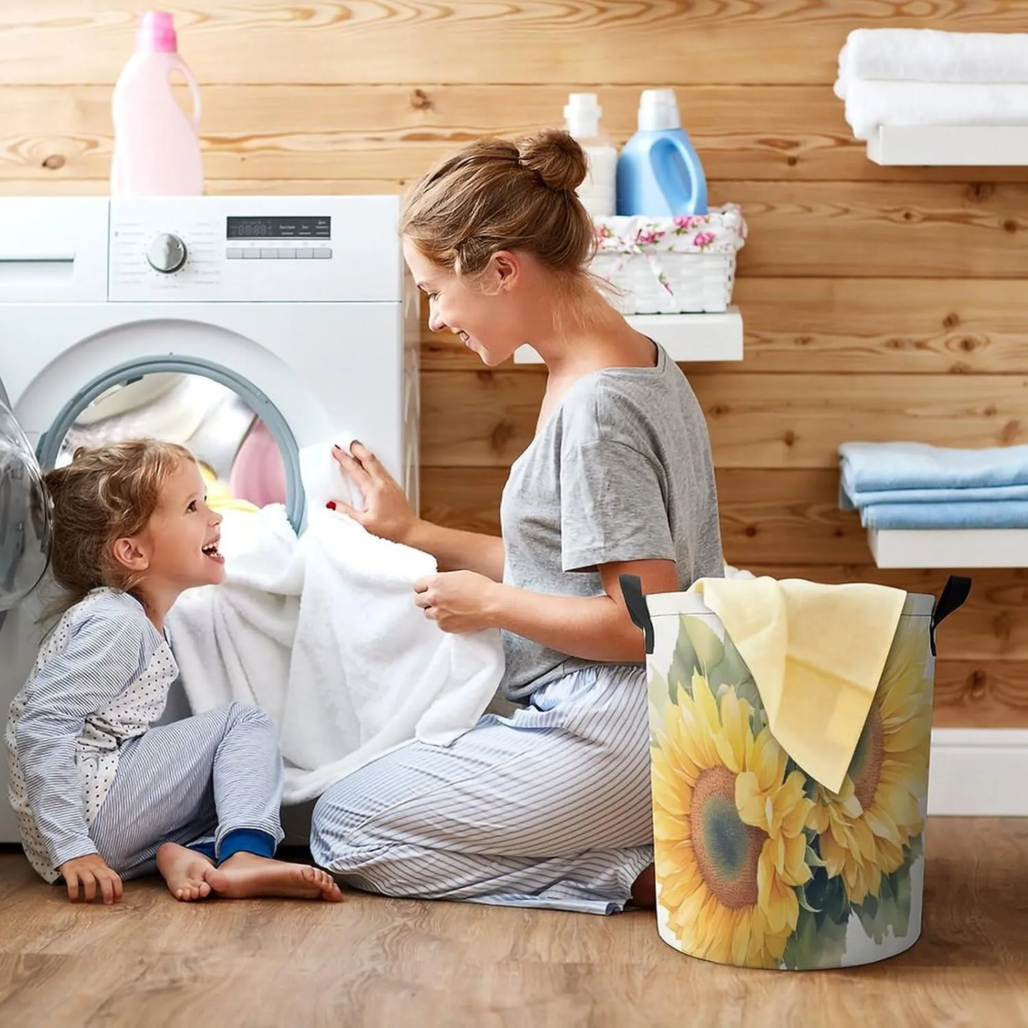 Laundry Hampers, Large Drawstring Laundry Bag, Removable Laundry Bags, Collapsible Storage Bin with Handles for Home Organization, Kids Room, Nursery Petal
