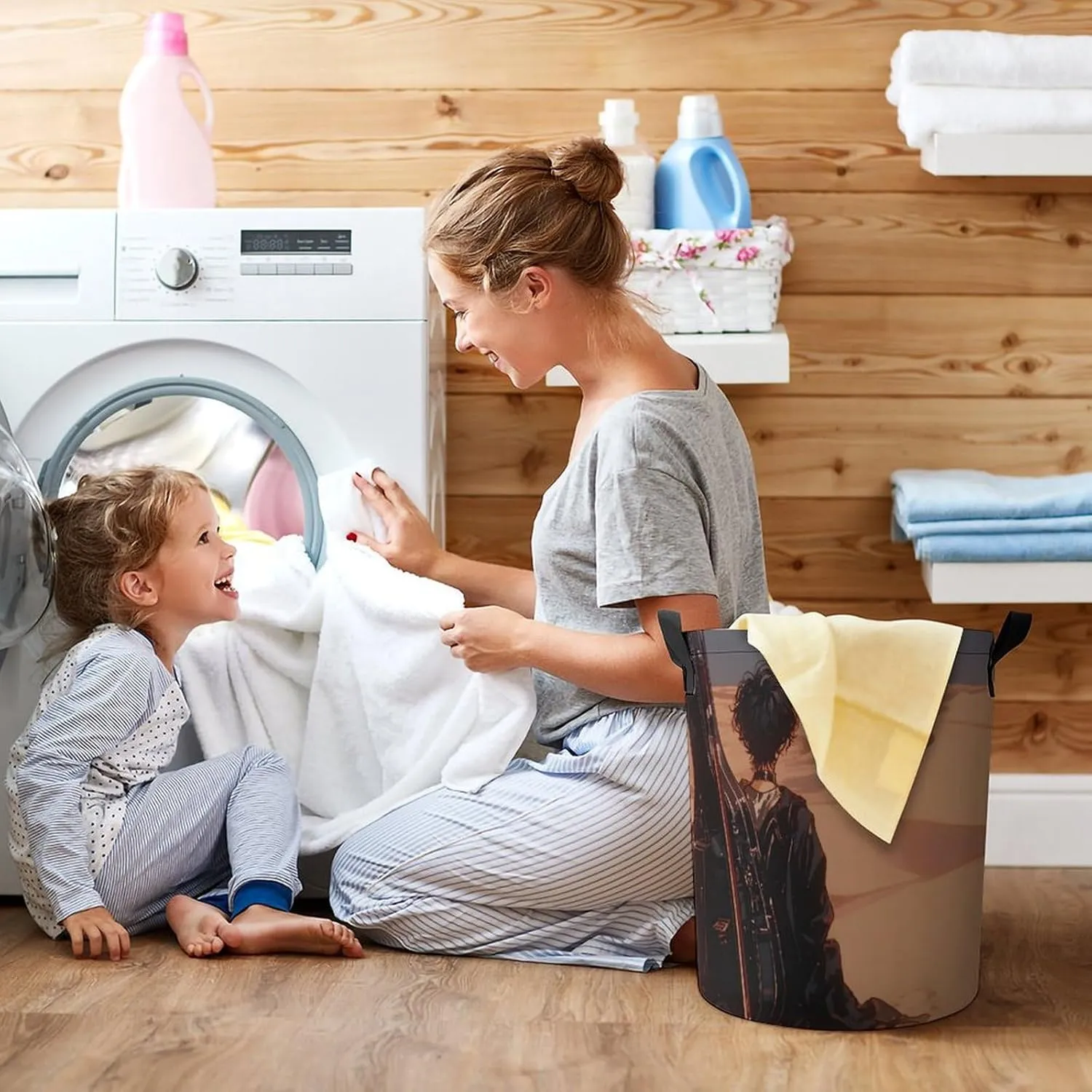 Laundry Hampers, Large Drawstring Laundry Bag, Removable Laundry Bags, Collapsible Storage Bin with Handles for Home Organization, Kids Room, Nursery Sky
