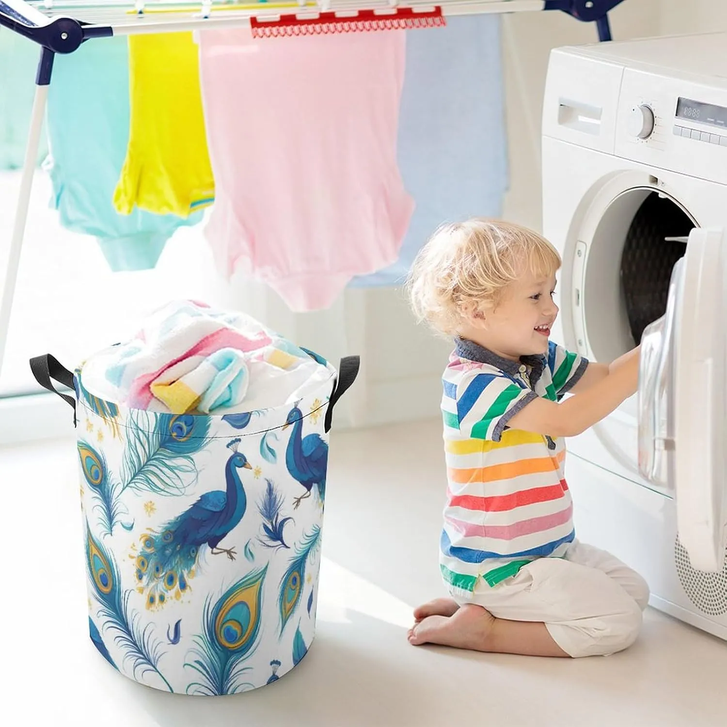 Laundry Hampers, Large Drawstring Laundry Bag, Removable Laundry Bags, Collapsible Storage Bin with Handles for Home Organization, Kids Room, Nursery Vertebrate
