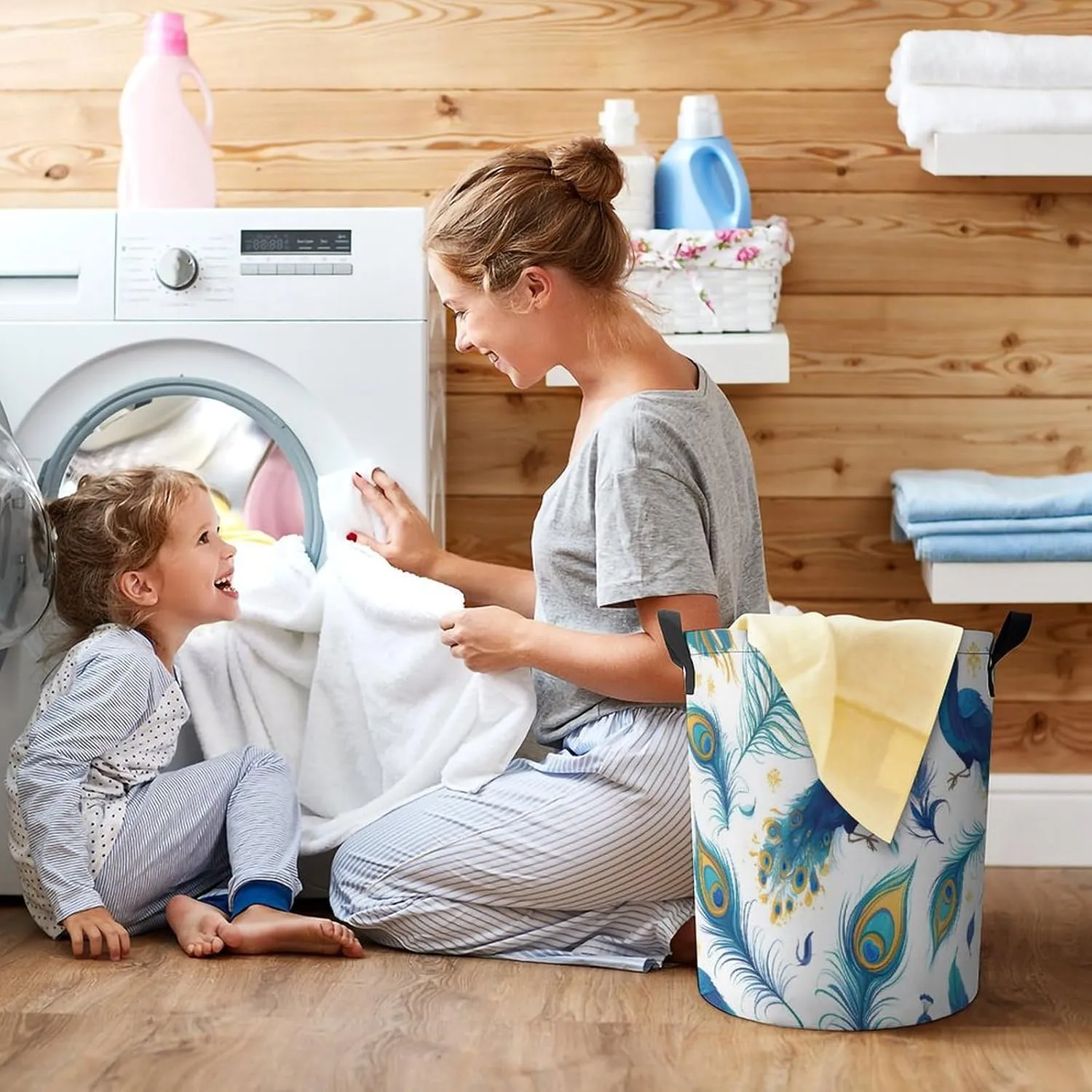 Laundry Hampers, Large Drawstring Laundry Bag, Removable Laundry Bags, Collapsible Storage Bin with Handles for Home Organization, Kids Room, Nursery Vertebrate