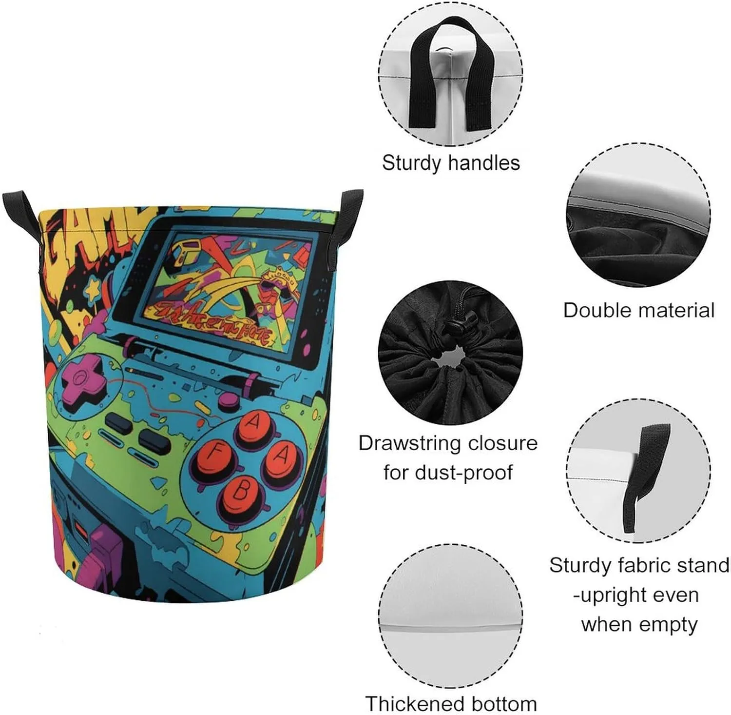 Laundry Hampers, Large Drawstring Laundry Bag, Removable Laundry Bags, Collapsible Storage Bin with Handles for Home Organization, Kids Room, Nursery Video Game Accessory