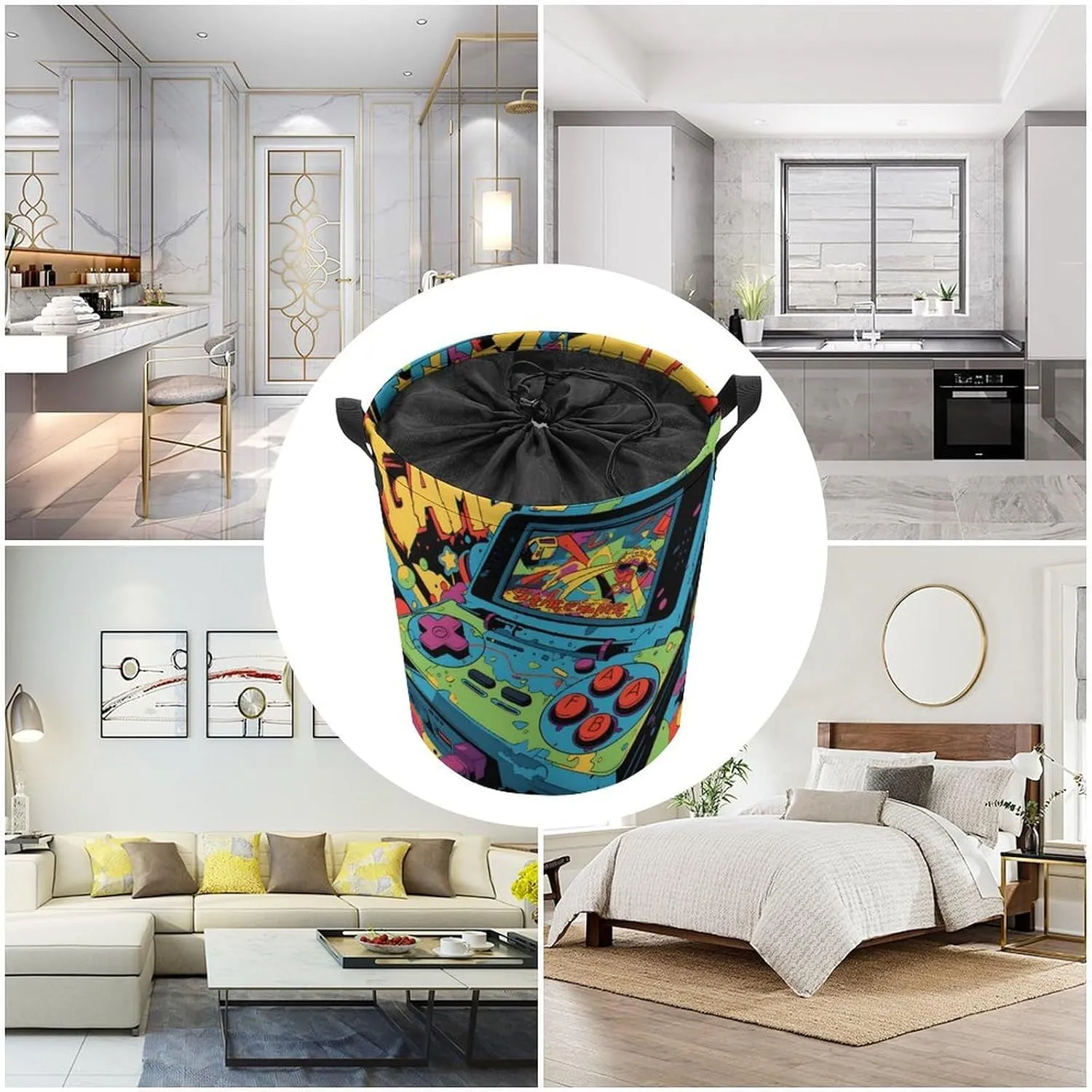 Laundry Hampers, Large Drawstring Laundry Bag, Removable Laundry Bags, Collapsible Storage Bin with Handles for Home Organization, Kids Room, Nursery Video Game Accessory