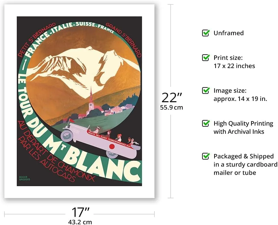 Le Tour du Mont Blanc - Alpine Trek through France Italy Switzerland - Vintage Railroad Travel Poster by Roger Broders c.1928 - Bamboo Fine Art 290gsm Paper (Unframed) 17x22in