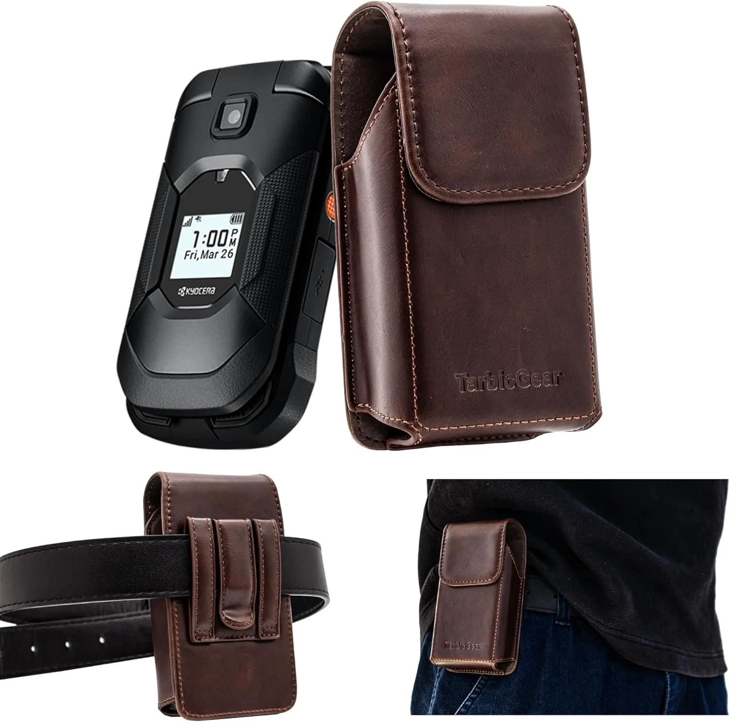 Leather Flip Phone Case with Belt Clip, Pouch for Kyocera & TCL Flip Phone Holster for Belt, Cat S22 Flip Case, Nokia Flip Phones, Sonim XP3 Plus Magnetic Phone Pouch, Brown Color