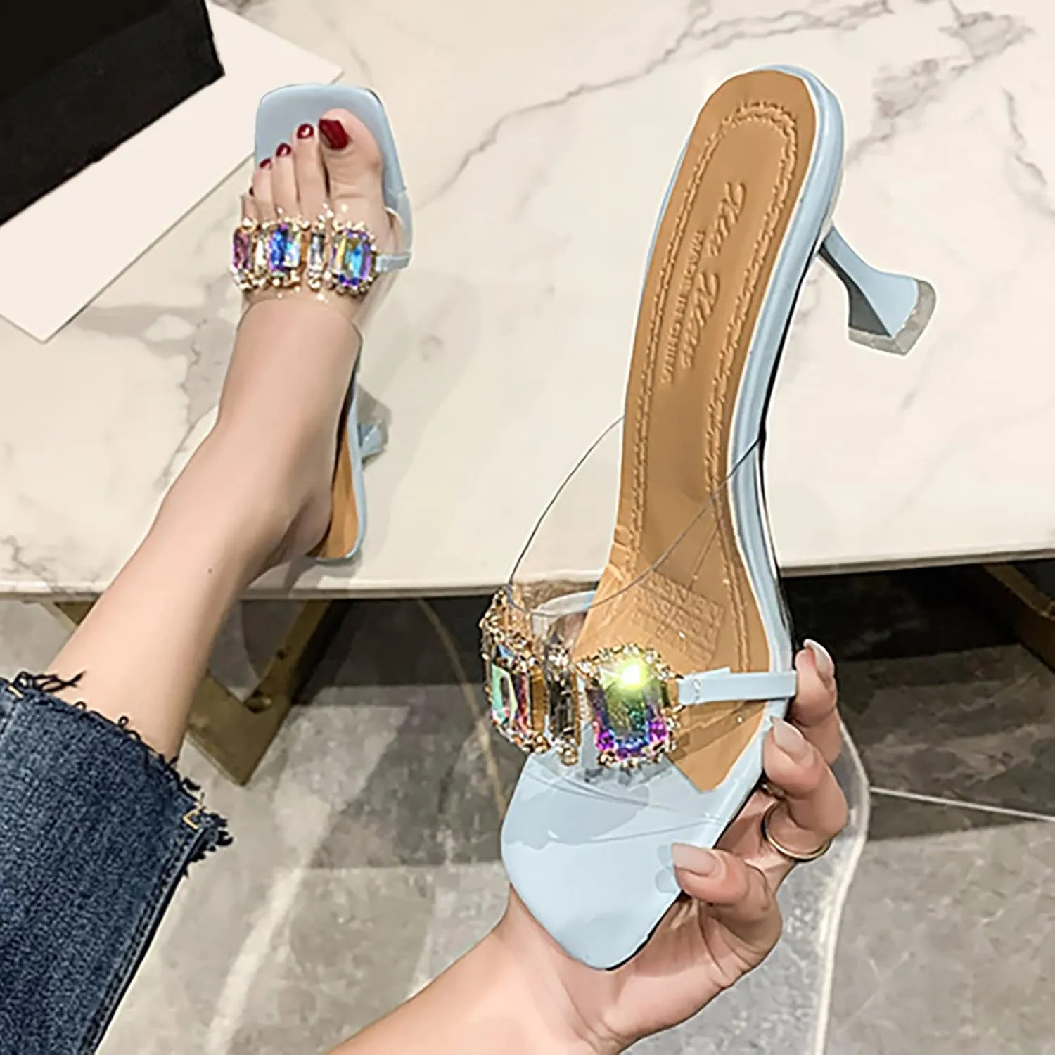 Leather Sandals Womens 43 Sandals for Women Ladies Chunky Heel High Heel Casual Bohemian Beach Shoes (Silver, 7.5)