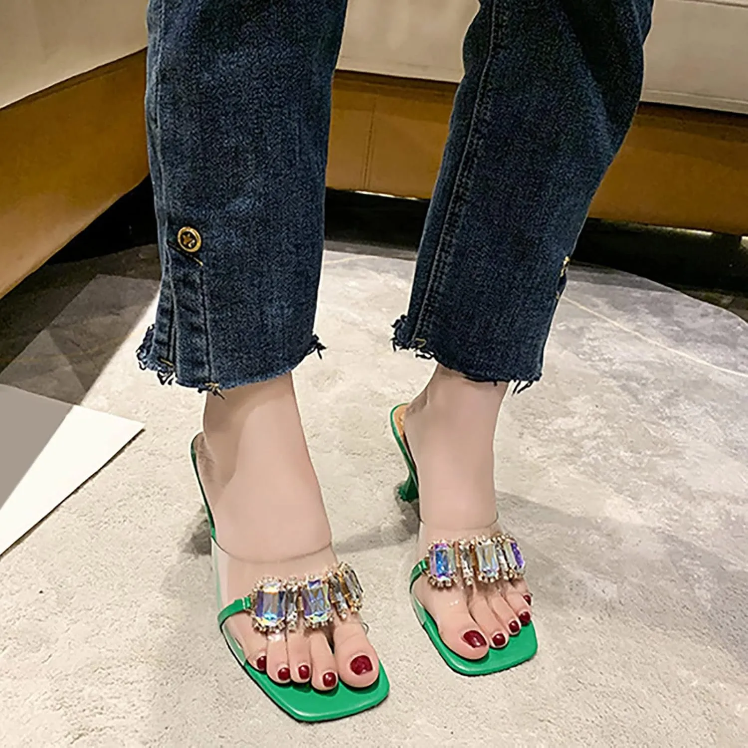 Leather Sandals Womens 43 Sandals for Women Ladies Chunky Heel High Heel Casual Bohemian Beach Shoes (Silver, 7.5)