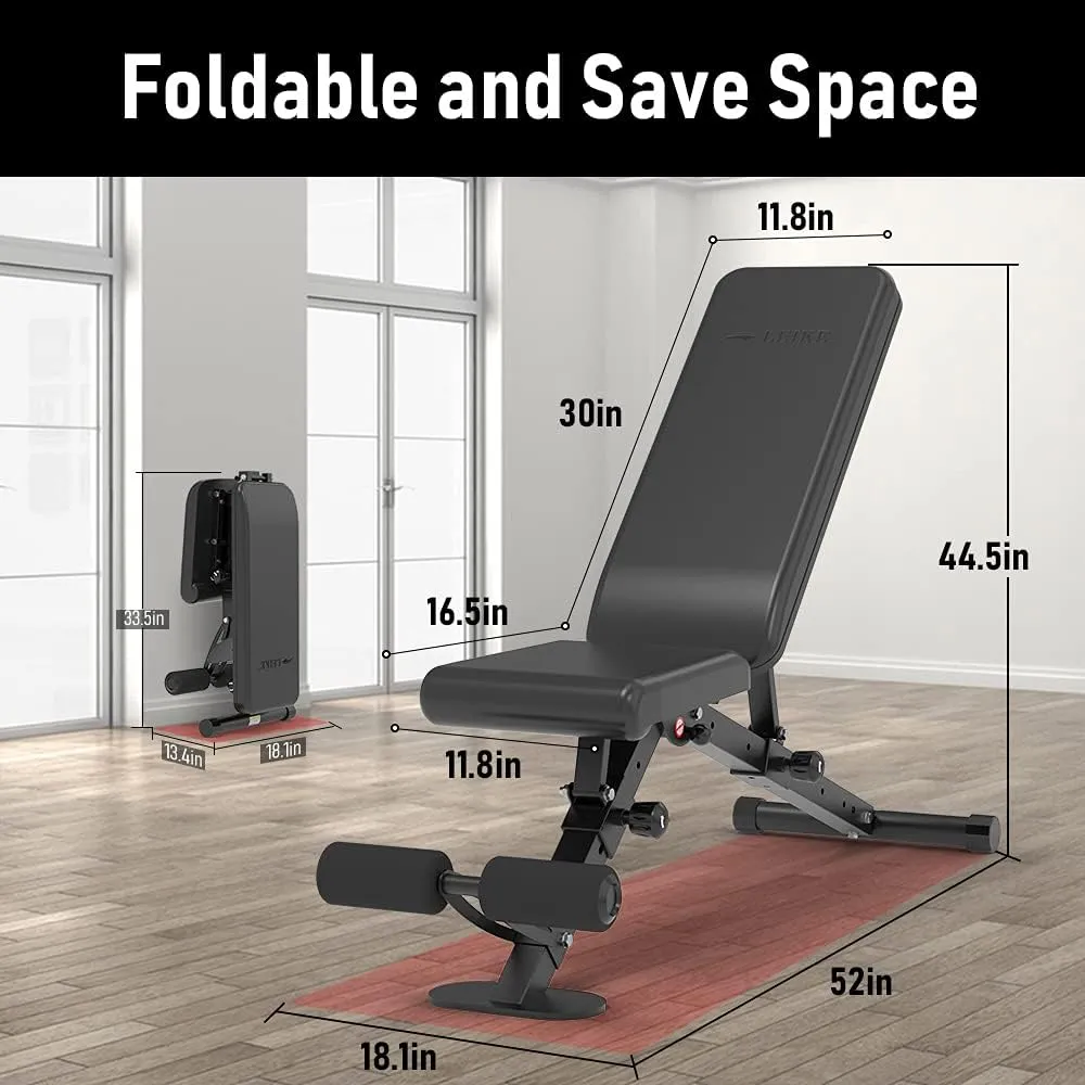 leikefitness Adjustable Weight Bench Foldable Workout Exercise Bench with Automatic Lock for Upright Incline Decline and Flat Full Body Exercise