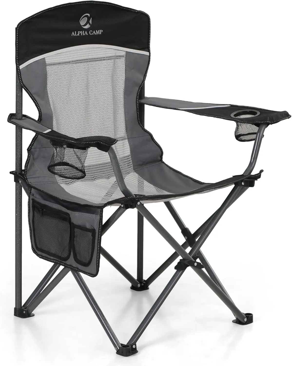 LET'S CAMP Mesh Back Camping Chair Portable Folding Heavy Duty Outdoor Chair Support 330 LBS Durable Large Arm Chair with Cup Holder and Carry Bag for Camp, Fishing, Hiking, Black