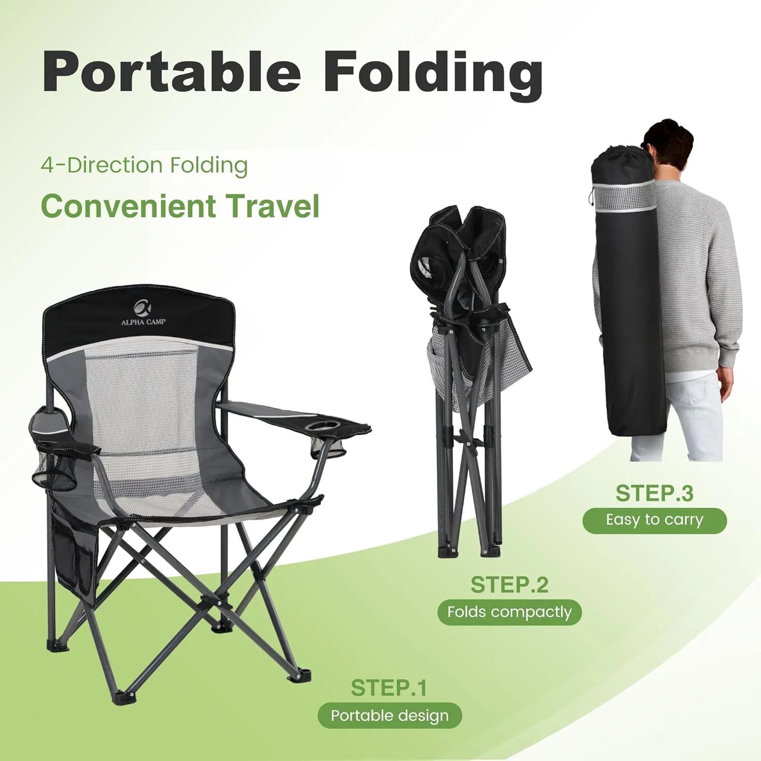 LET'S CAMP Mesh Back Camping Chair Portable Folding Heavy Duty Outdoor Chair Support 330 LBS Durable Large Arm Chair with Cup Holder and Carry Bag for Camp, Fishing, Hiking, Black