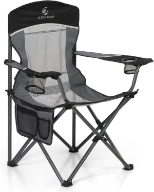 LET'S CAMP Mesh Back Camping Chair Portable Folding Heavy Duty Outdoor Chair Support 330 LBS Durable Large Arm Chair with Cup Holder and Carry Bag for Camp, Fishing, Hiking, Black