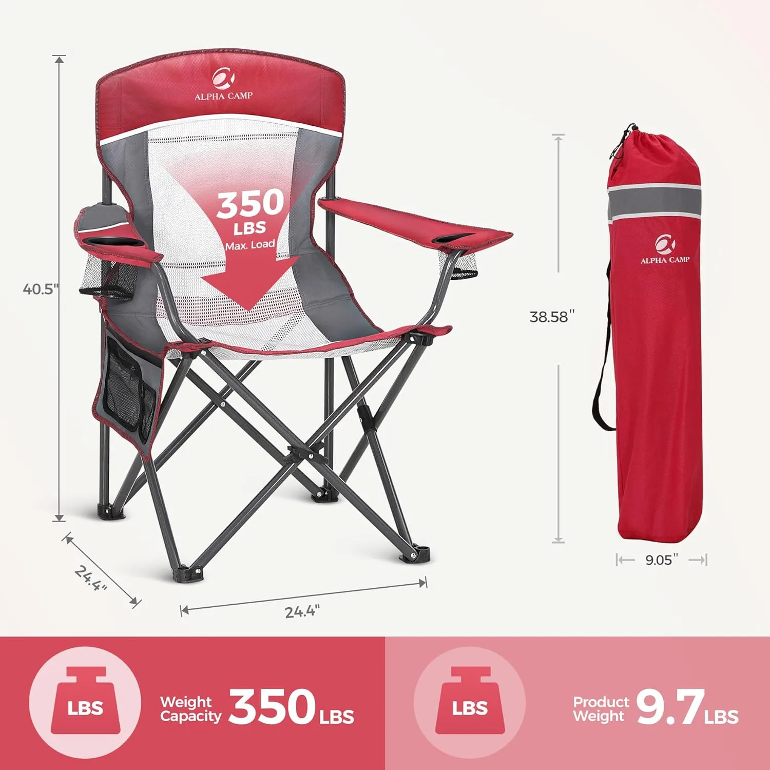 LET'S CAMP Mesh Back Camping Chair Portable Folding Heavy Duty Outdoor Chair Support 330 LBS Durable Large Arm Chair with Cup Holder and Carry Bag for Camp, Fishing, Hiking, Red