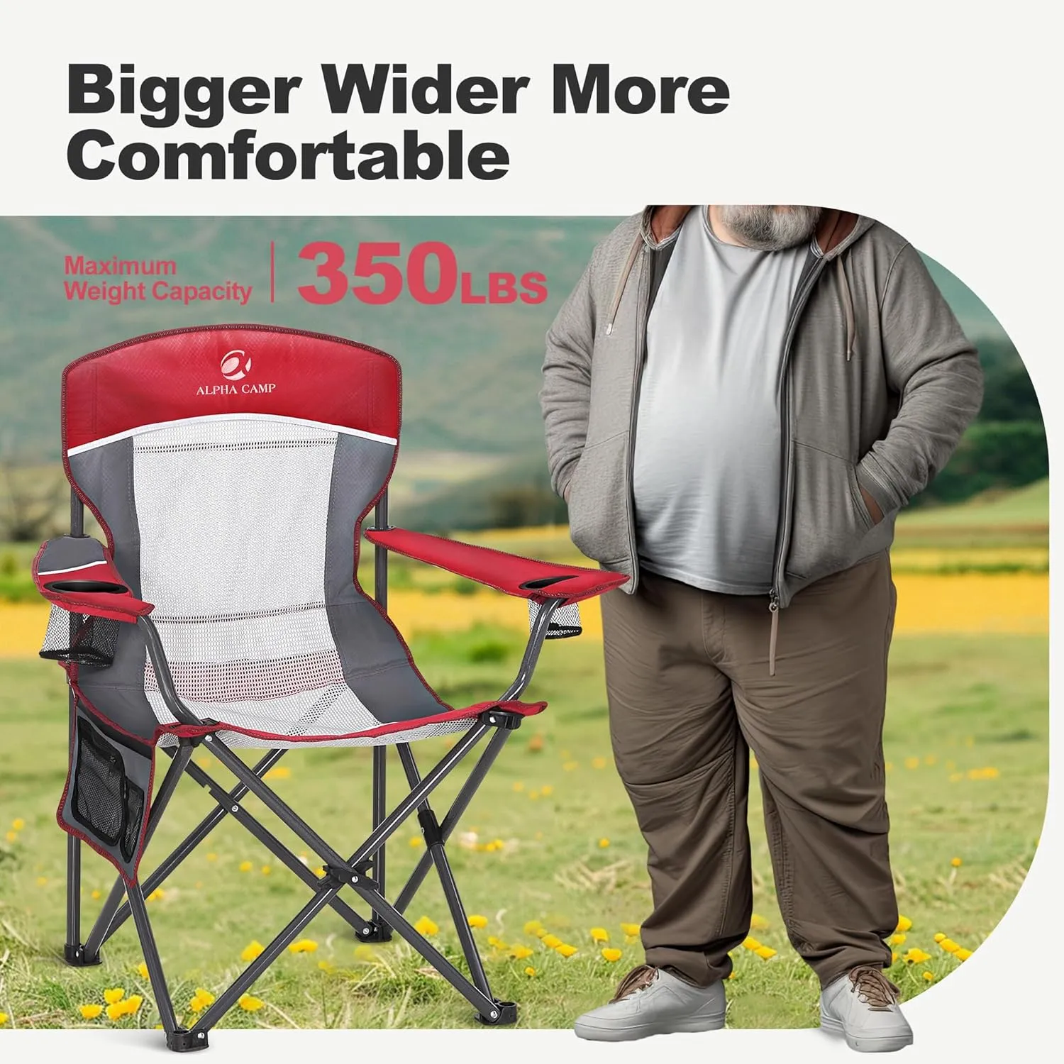 LET'S CAMP Mesh Back Camping Chair Portable Folding Heavy Duty Outdoor Chair Support 330 LBS Durable Large Arm Chair with Cup Holder and Carry Bag for Camp, Fishing, Hiking, Red