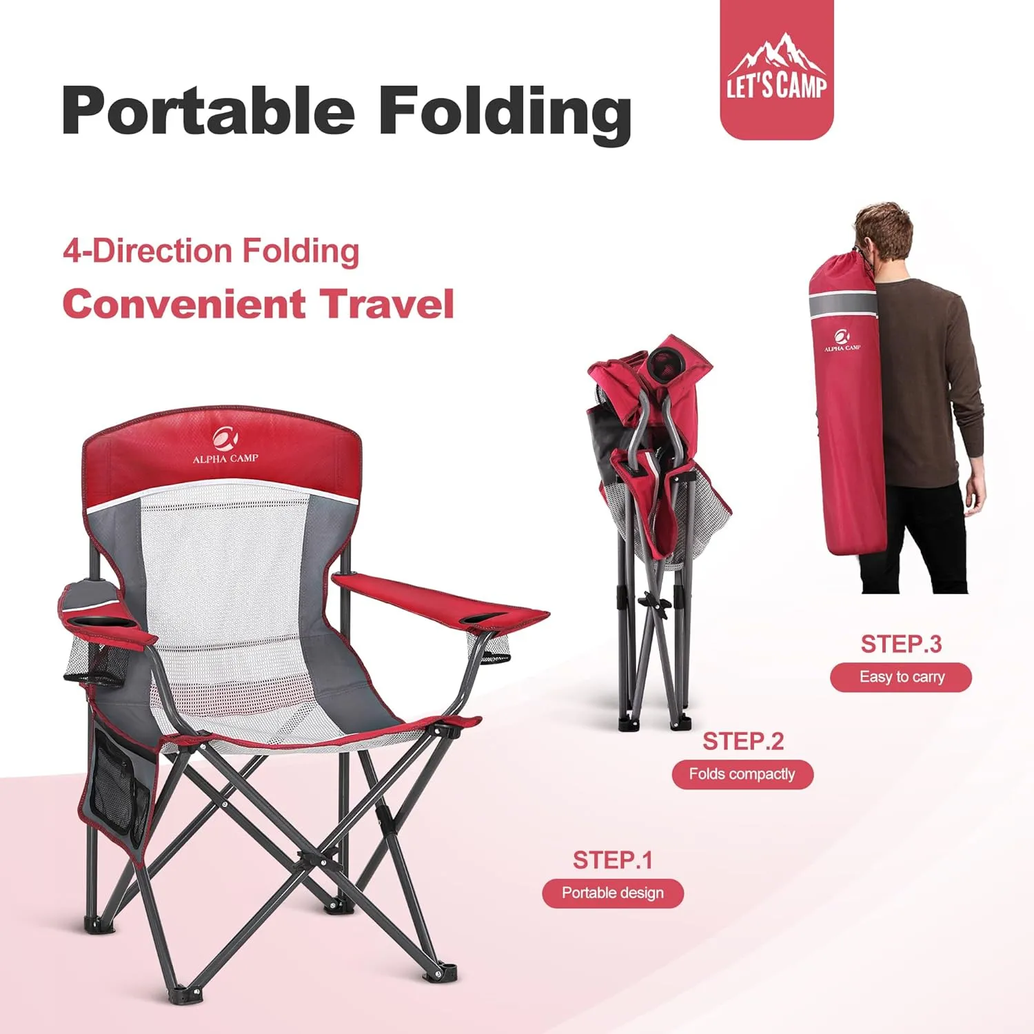 LET'S CAMP Mesh Back Camping Chair Portable Folding Heavy Duty Outdoor Chair Support 330 LBS Durable Large Arm Chair with Cup Holder and Carry Bag for Camp, Fishing, Hiking, Red