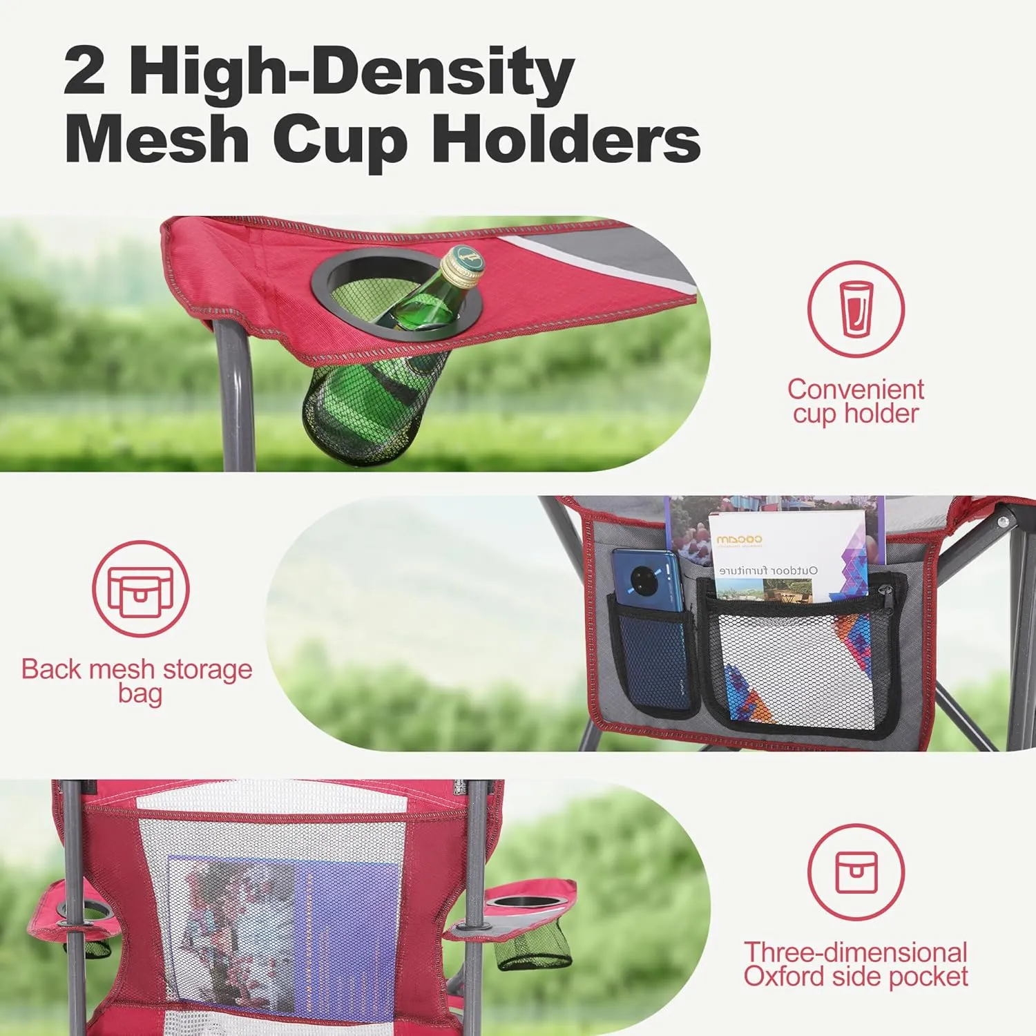 LET'S CAMP Mesh Back Camping Chair Portable Folding Heavy Duty Outdoor Chair Support 330 LBS Durable Large Arm Chair with Cup Holder and Carry Bag for Camp, Fishing, Hiking, Red