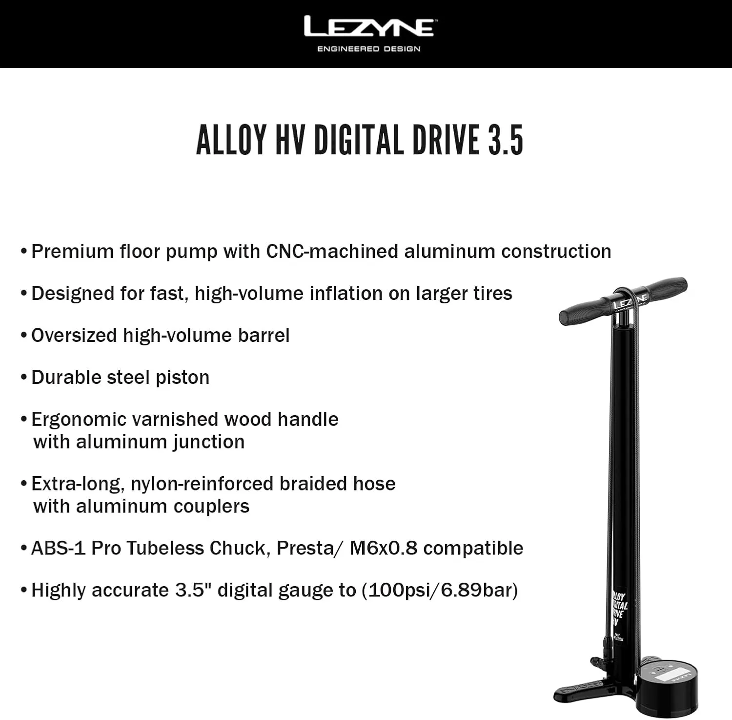 LEZYNE Alloy HV Digital Drive 3.5 High Volume 100PSI Bicycle Floor Pump with 3.5" Digital Gauge - Durable Aluminum Tire Air Pump with Extra Long Nylon Braided Hose for Mountain/Gravel Bikes