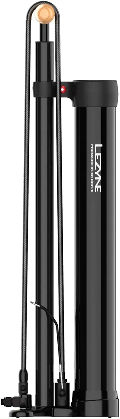 LEZYNE Pressure Over Drive High Volume Tubeless Compatible Bicycle Floor Pump with 2.5" Gauge - 220 PSI Tire Air Pump for Mountain/Gravel Bikes - ABS-1 Pro Tubeless Chuck Fits Presta/M6x0.8 Valve