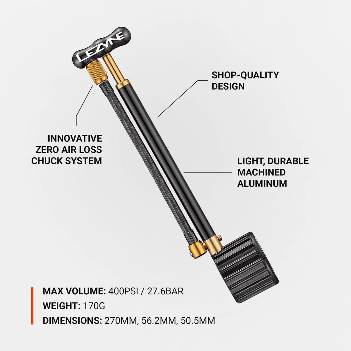 LEZYNE Shock Drive Bicycle Hand Pump, High Pressure 400psi Shock Pump, Portable, Mountain & Road Bike Pump