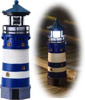 Lighthouse with Rotating Beacon LED Lights - Solar Lighthouse Lamp Outdoor Decorative for Garden Patio Well Cover Gifts (Blue1)