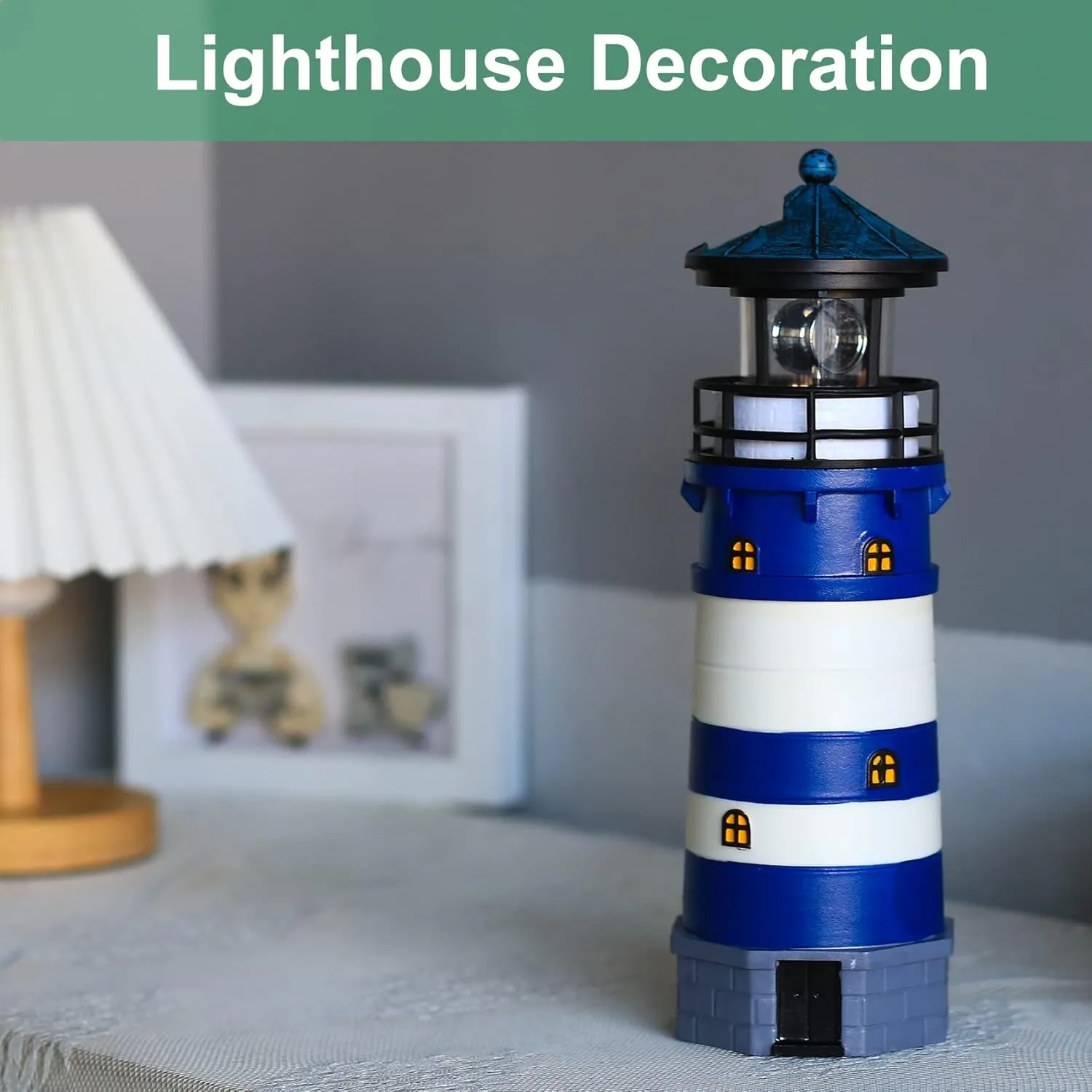 Lighthouse with Rotating Beacon LED Lights - Solar Lighthouse Lamp Outdoor Decorative for Garden Patio Well Cover Gifts (Blue1)