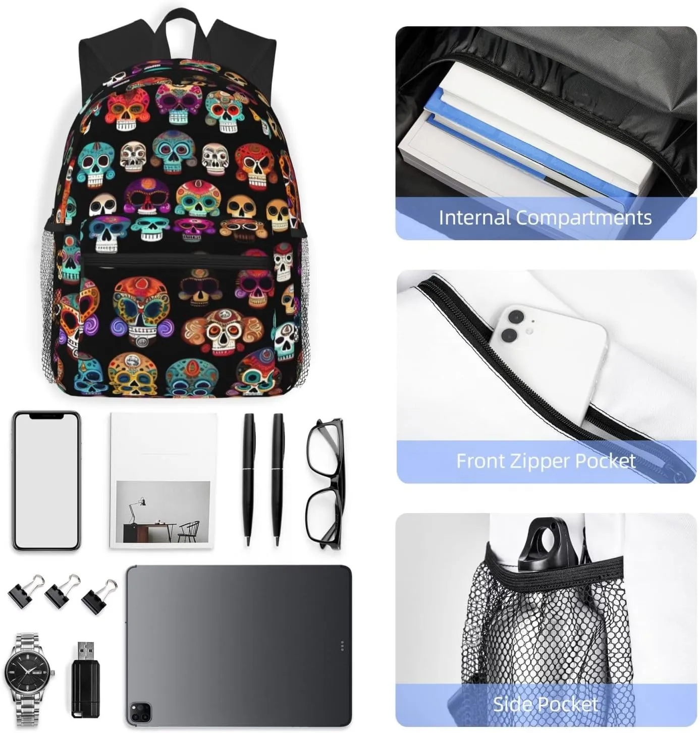 Lightweight Laptop Backpack,Casual Daypack Travel Backpack Bookbag Work Bag for Men and Women-Mexican Colourful Skull