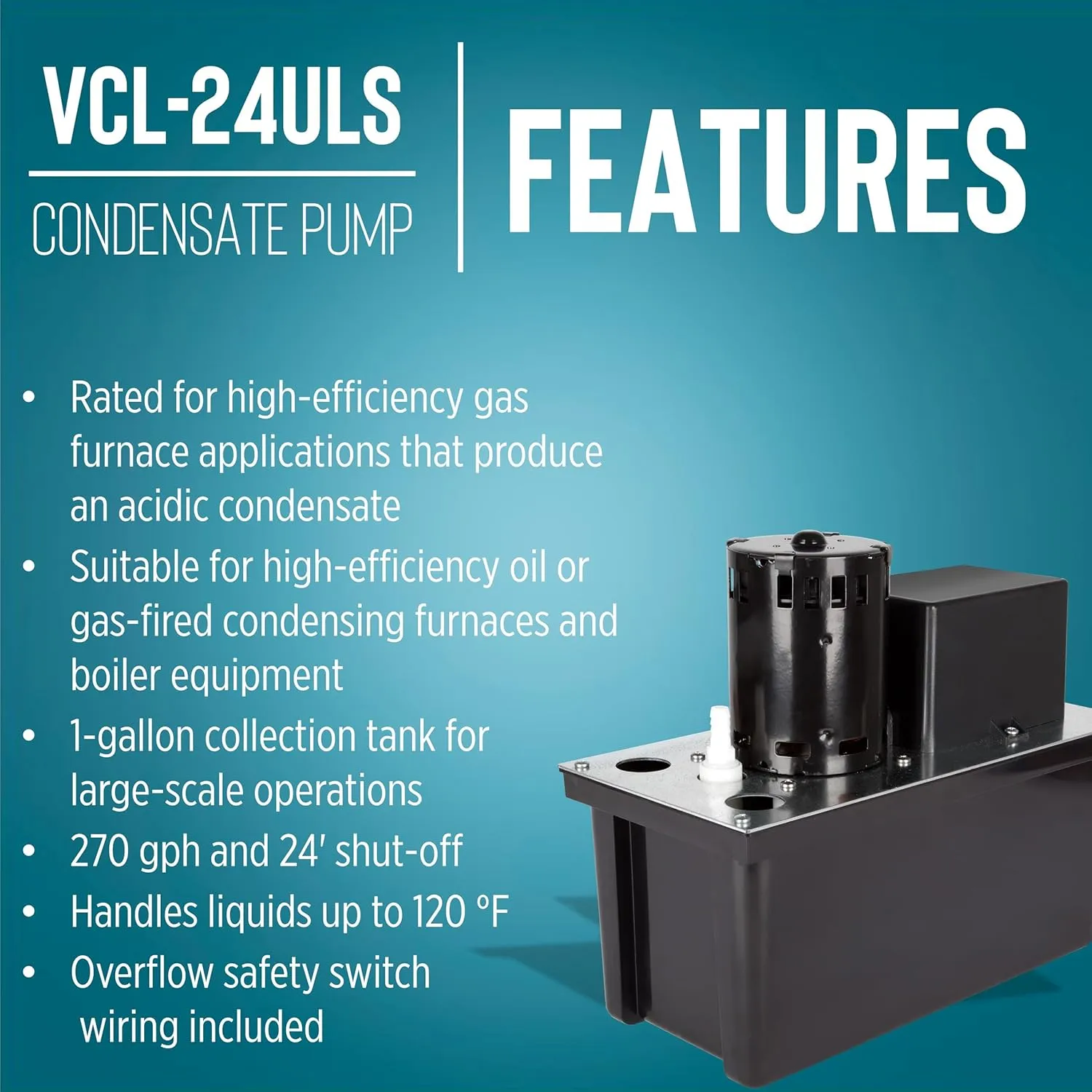 Little Giant VCL-24ULS 115 Volt, 1/18 HP, 270 GPH, Automatic Condensate Removal Pump with 1-Gallon Tank and Safety Switch, 6-Ft. Cord, Black, 553201