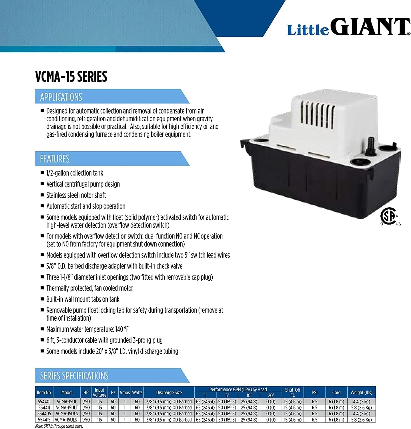 Little Giant VCMA-15ULS 115 Volt, 65 GPH, 1/50 HP Automatic Condensate Removal Pump for HVAC/Refrigeration Systems/Dehumidifiers with Overflow Detection Switch and 6-Foot Cord, White/Black, 554405