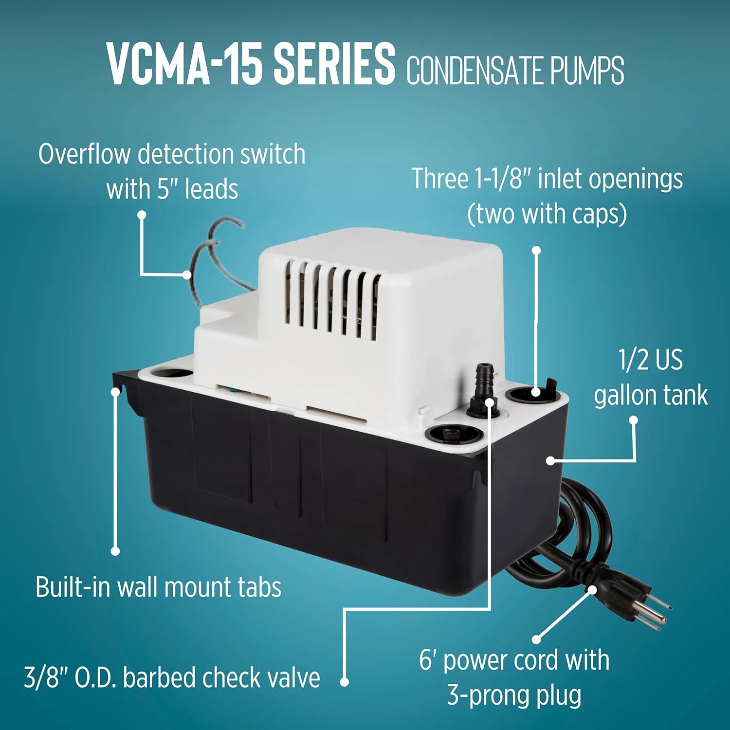 Little Giant VCMA-15ULS 115 Volt, 65 GPH, 1/50 HP Automatic Condensate Removal Pump for HVAC/Refrigeration Systems/Dehumidifiers with Overflow Detection Switch and 6-Foot Cord, White/Black, 554405