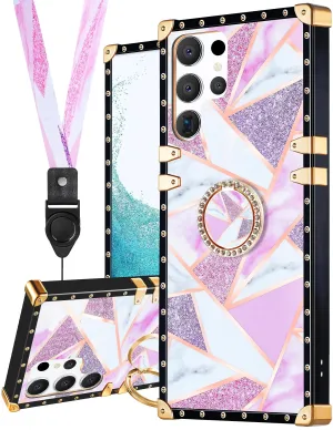 Loheckle for Samsung Galaxy S23 Ultra Case for Women Designer Cases for Samsung S23 Ultra Case with Ring Stand Holder and Lanyard Stylish Luxury Marble Cover for Galaxy S23 Ultra