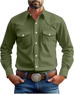 Long Sleeve Shirts for Men Cotton Button Down Vintage Classic Solid Color Casual Wear Business Casual with Chest Pocket