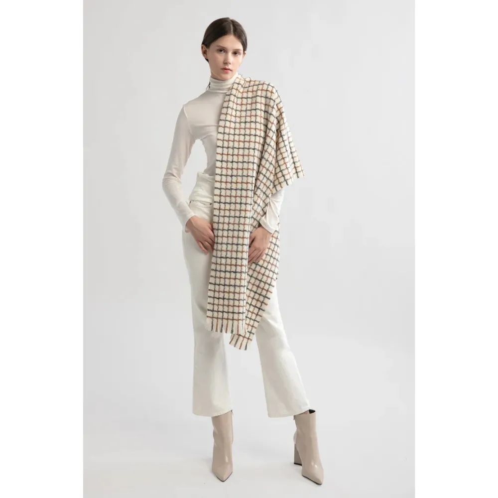 Look By M Multi Minimal Windowpane Ivory Scarf (Women's)