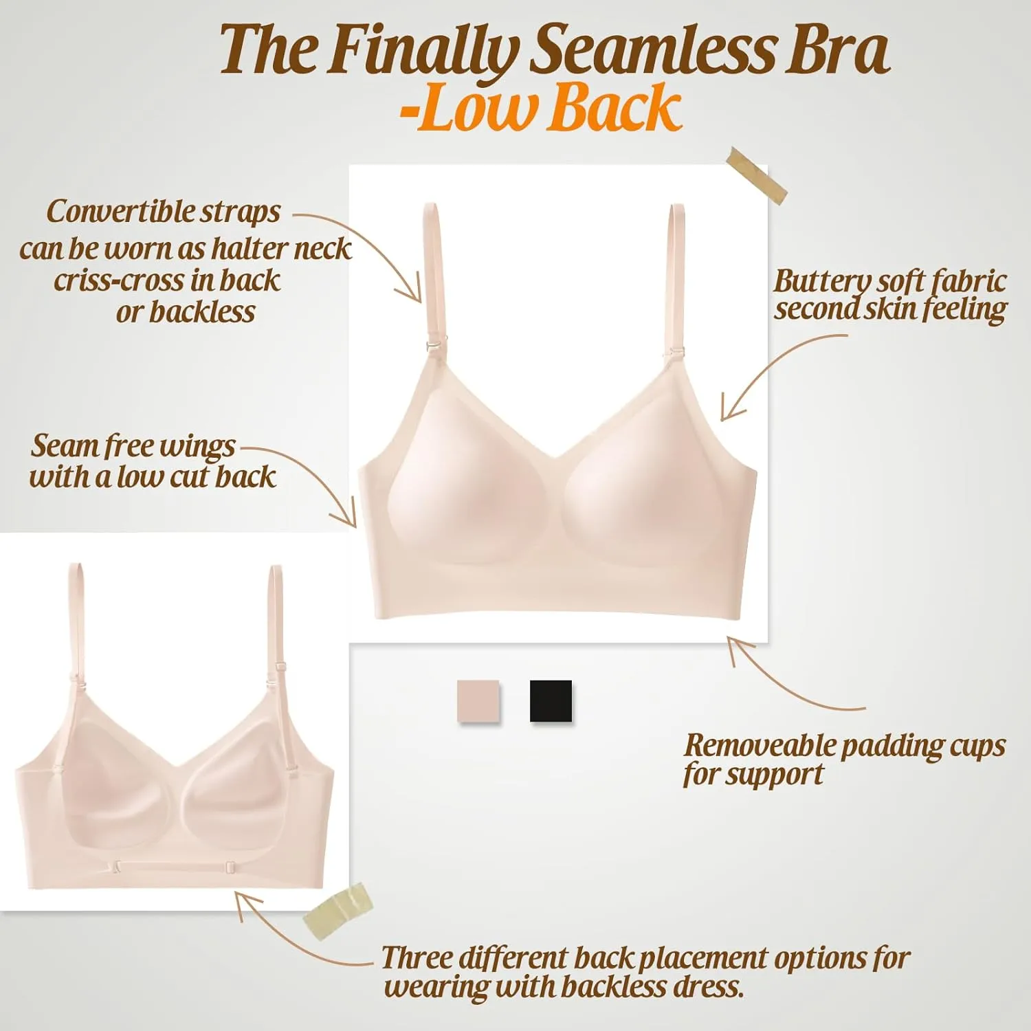 Low Back Bra for Women Wirefree Seamless Bra Backless Multiway Straps Convertible Halter Bra with Padded Removeable