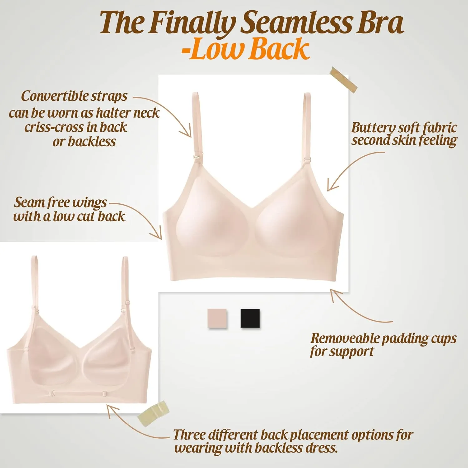 Low Back Bra for Women Wirefree Seamless Bra Backless Multiway Straps Convertible Halter Bra with Padded Removeable