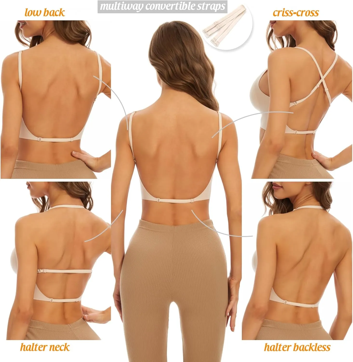Low Back Bra for Women Wirefree Seamless Bra Backless Multiway Straps Convertible Halter Bra with Padded Removeable