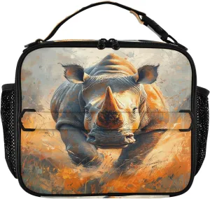 Lunch Bag Rhinoceros Oil Painting Kids Boys Girls Cooler Insulated Lunch Box Two Way Handle Tote Waterproof Picnic Meal for School Office