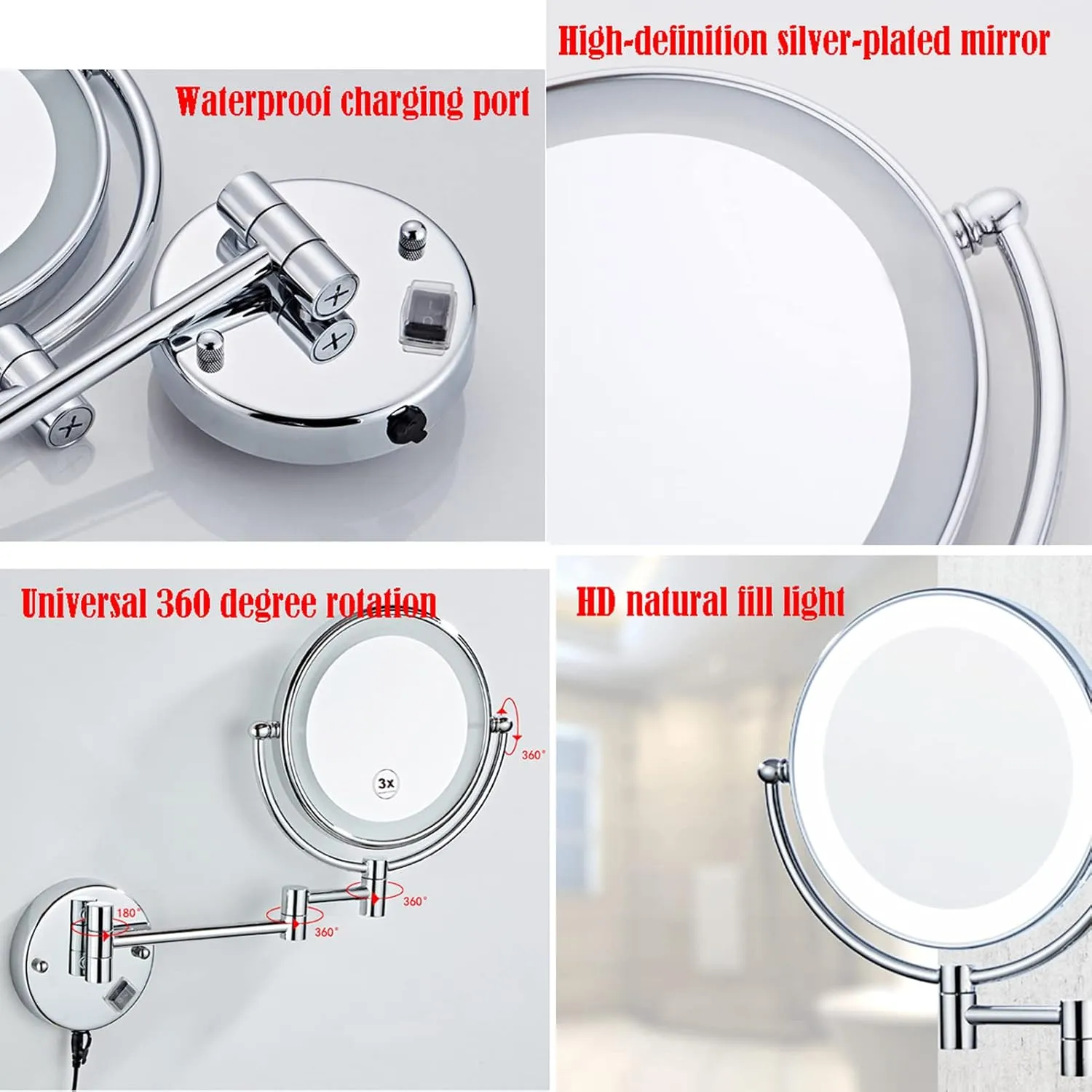 Makeup Mirror with Lights, Portable Vanity Mirror 10 X Magnification, Cosmetic Mirror Wall Mounted, 360 Degree Rotation Rechargeable, for Bathroom Hotel Spa