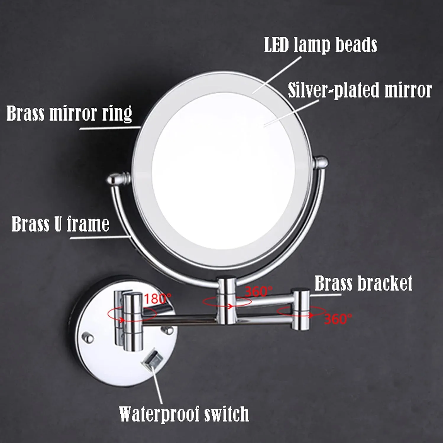 Makeup Mirror with Lights, Portable Vanity Mirror 10 X Magnification, Cosmetic Mirror Wall Mounted, 360 Degree Rotation Rechargeable, for Bathroom Hotel Spa
