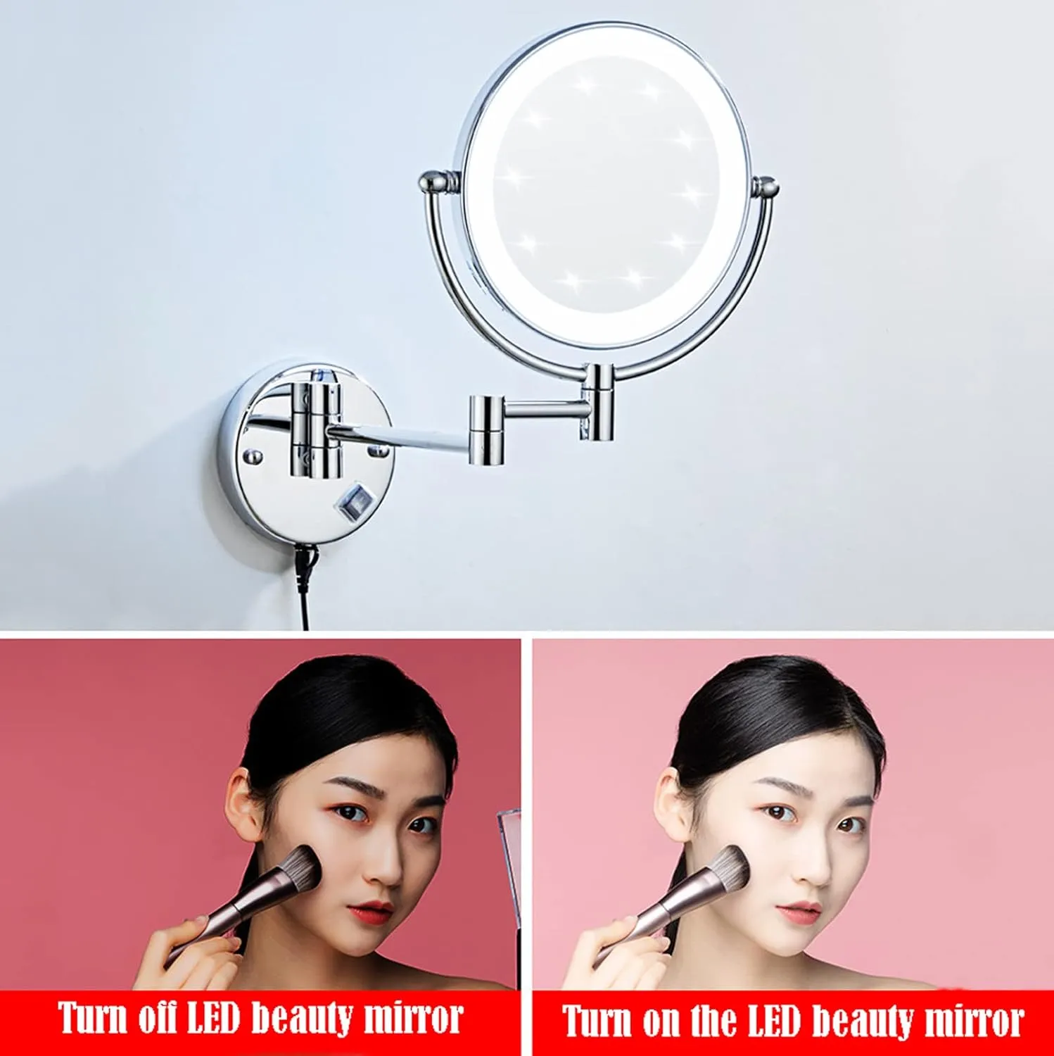 Makeup Mirror with Lights, Portable Vanity Mirror 10 X Magnification, Cosmetic Mirror Wall Mounted, 360 Degree Rotation Rechargeable, for Bathroom Hotel Spa